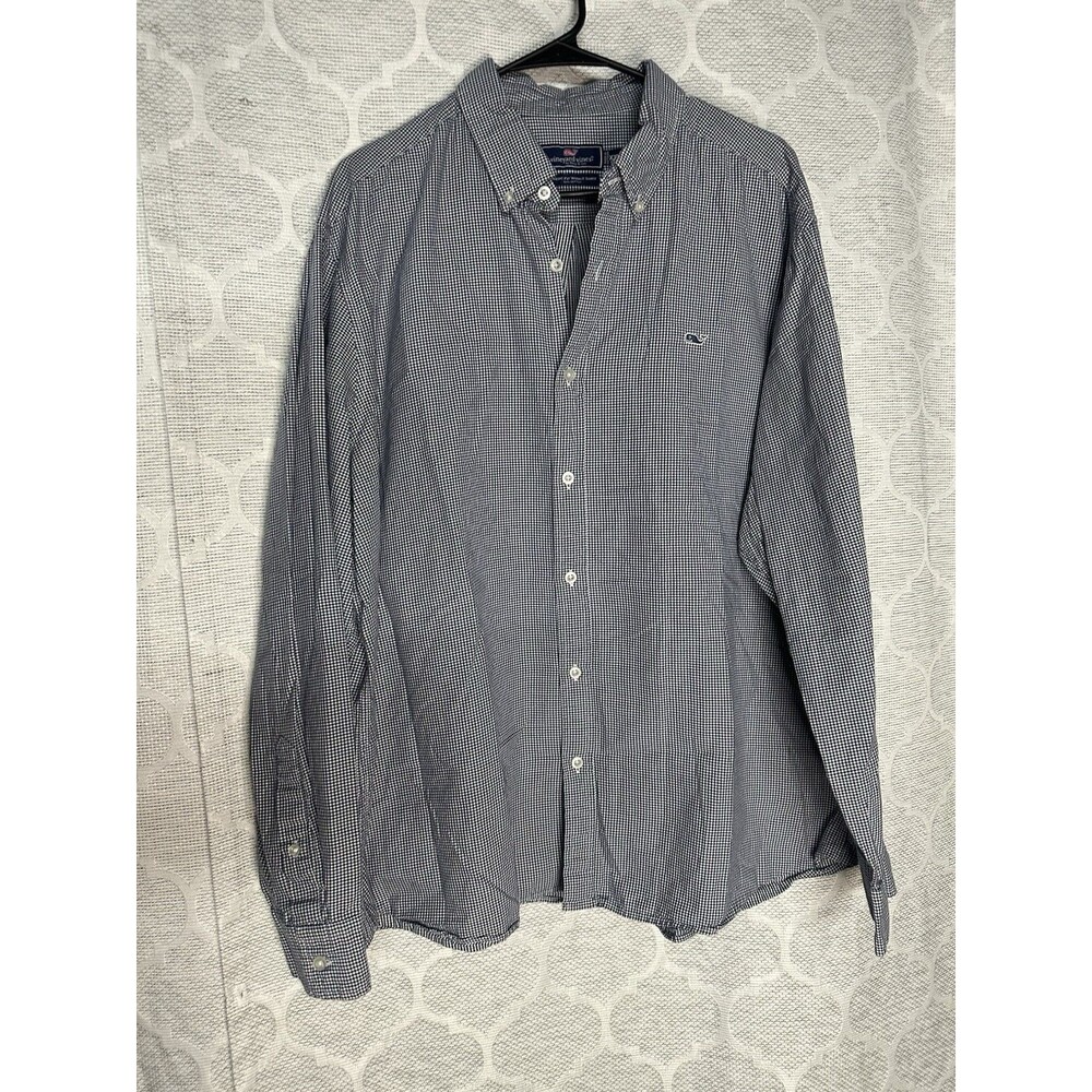 Vineyard Vines Classic Fit Gingham Check Whale Shirt Blue White Mens XXL